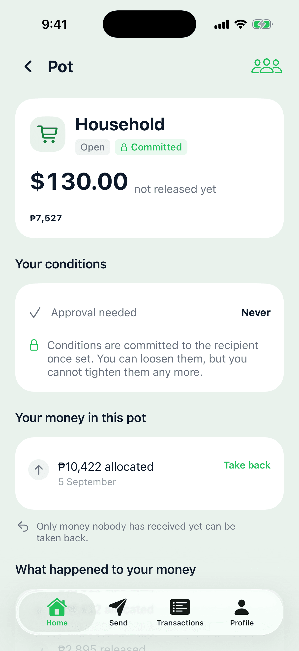 Pot detail showing the conditions and what happened to the money