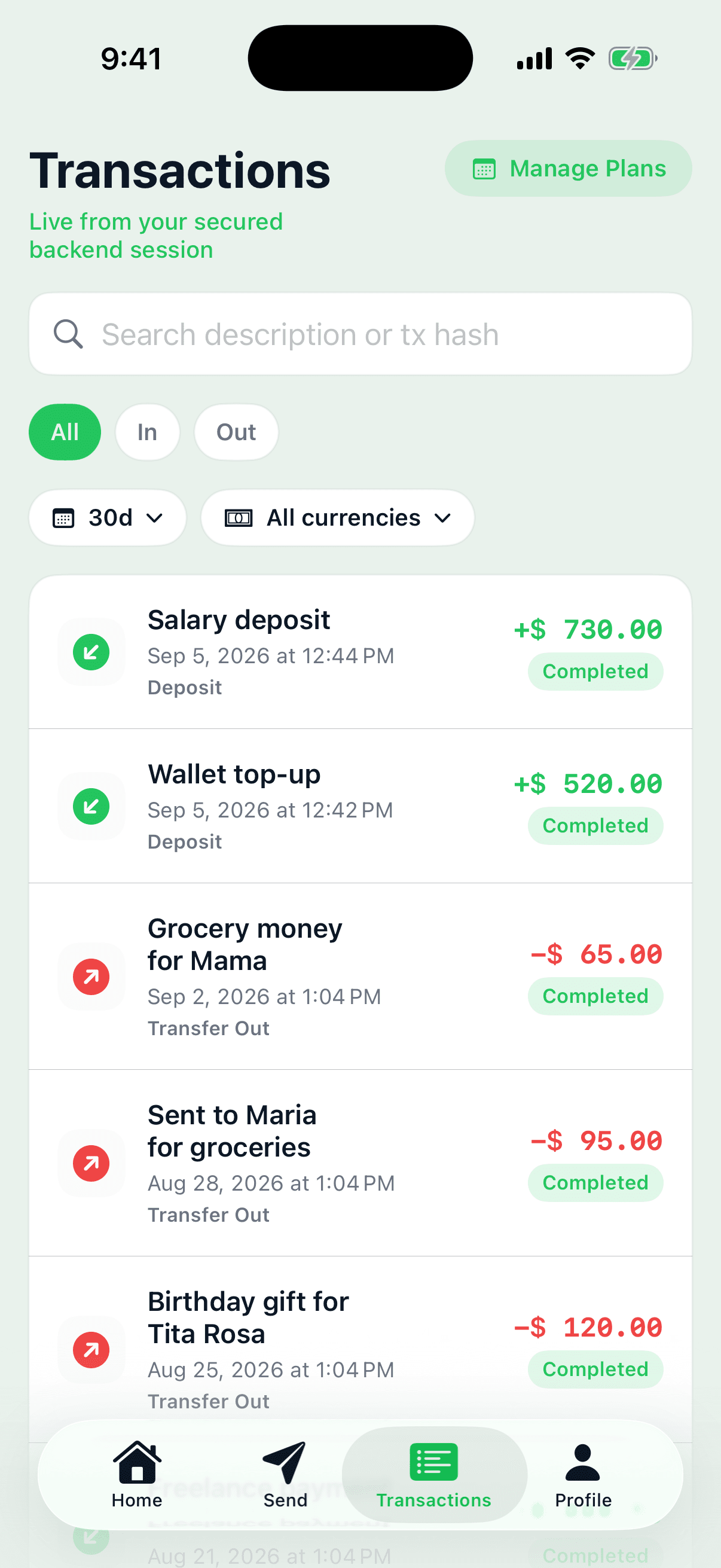 Transaction history with past transfers