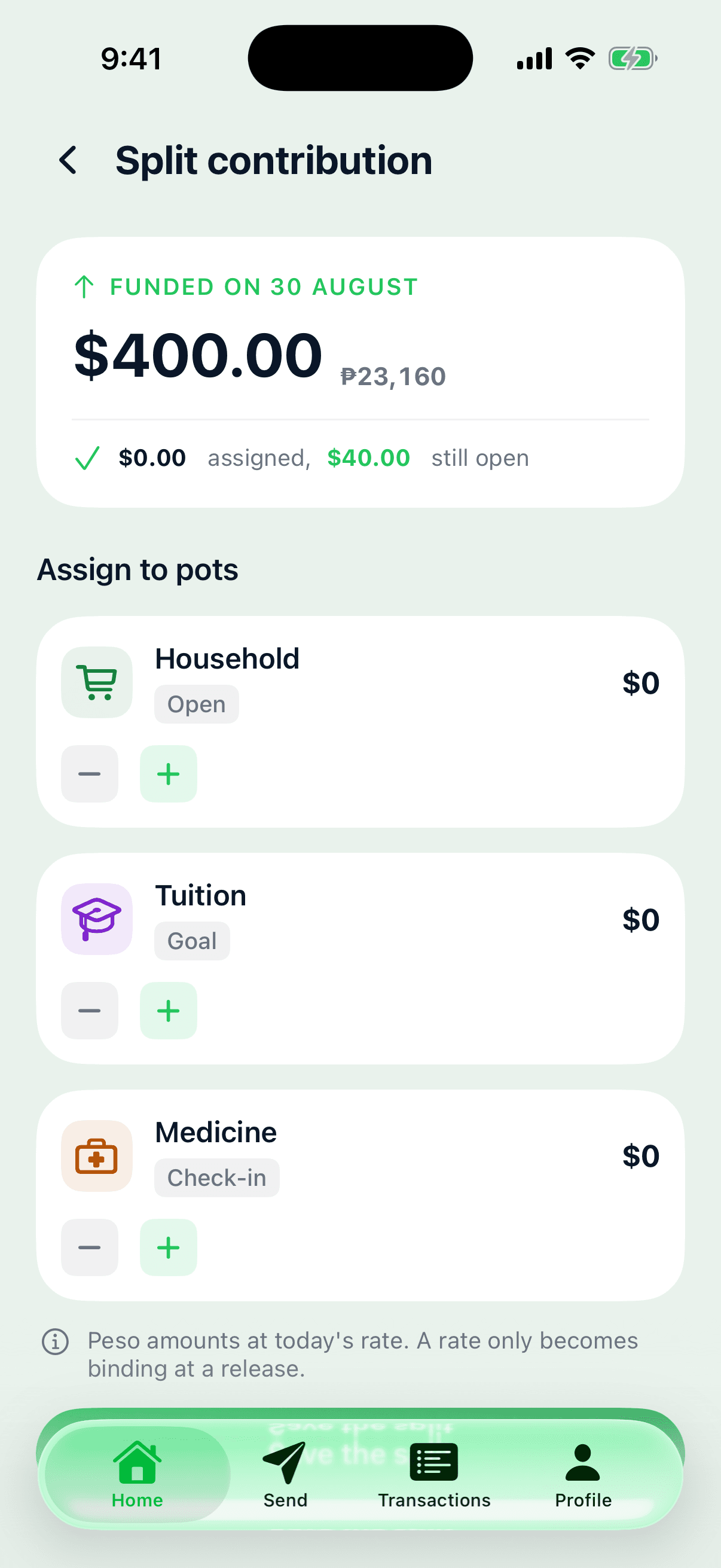 Splitting a monthly contribution across the family pots
