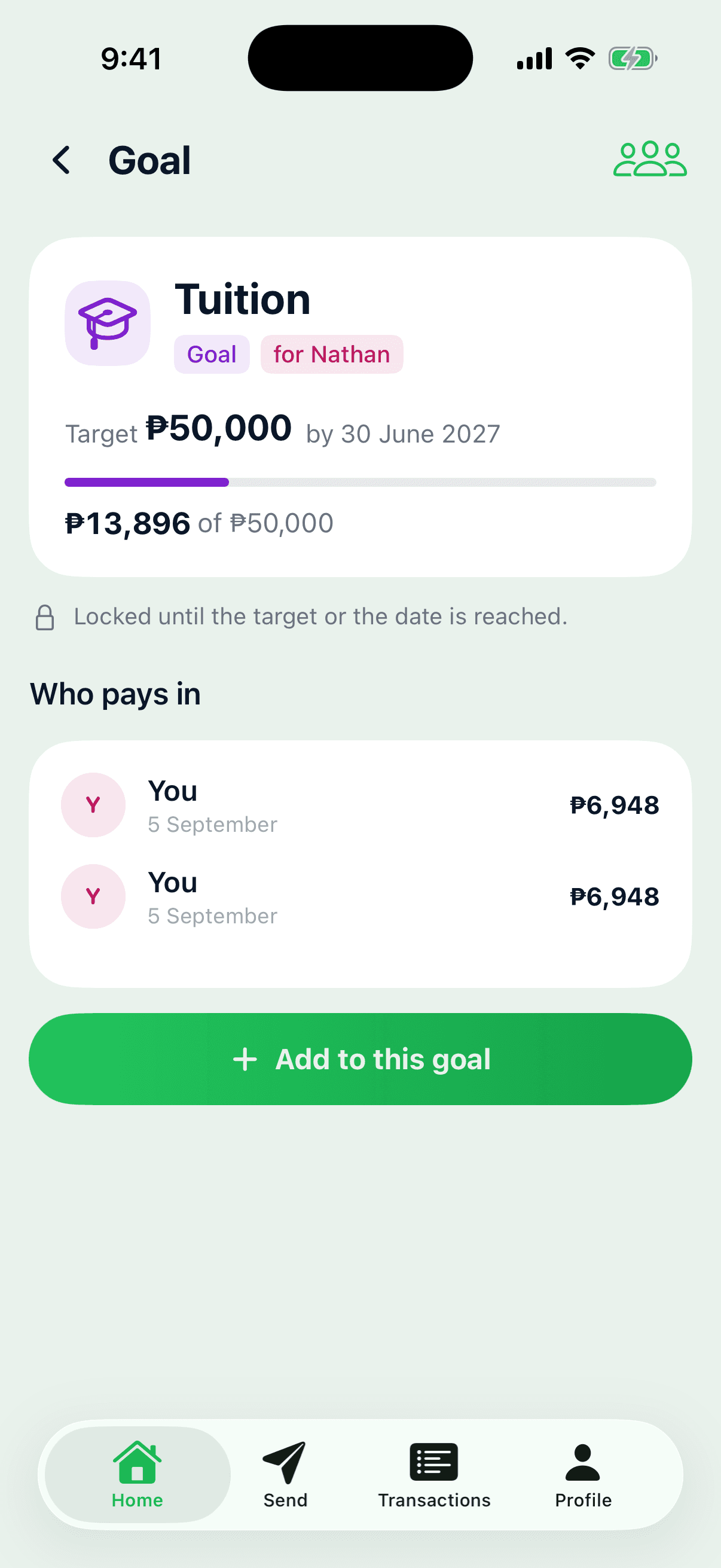 Shared savings goal for tuition with contribution progress